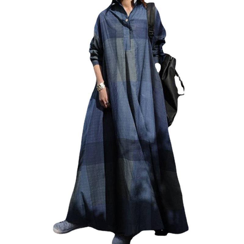 Spring Retro Ethnic Print Cotton Linen Maxi Dress - Long Sleeve, Loose Fit