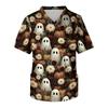Men's Short Sleeve V-Neck Halloween Print Scrub Top with Chest Pocket for Work Uniform