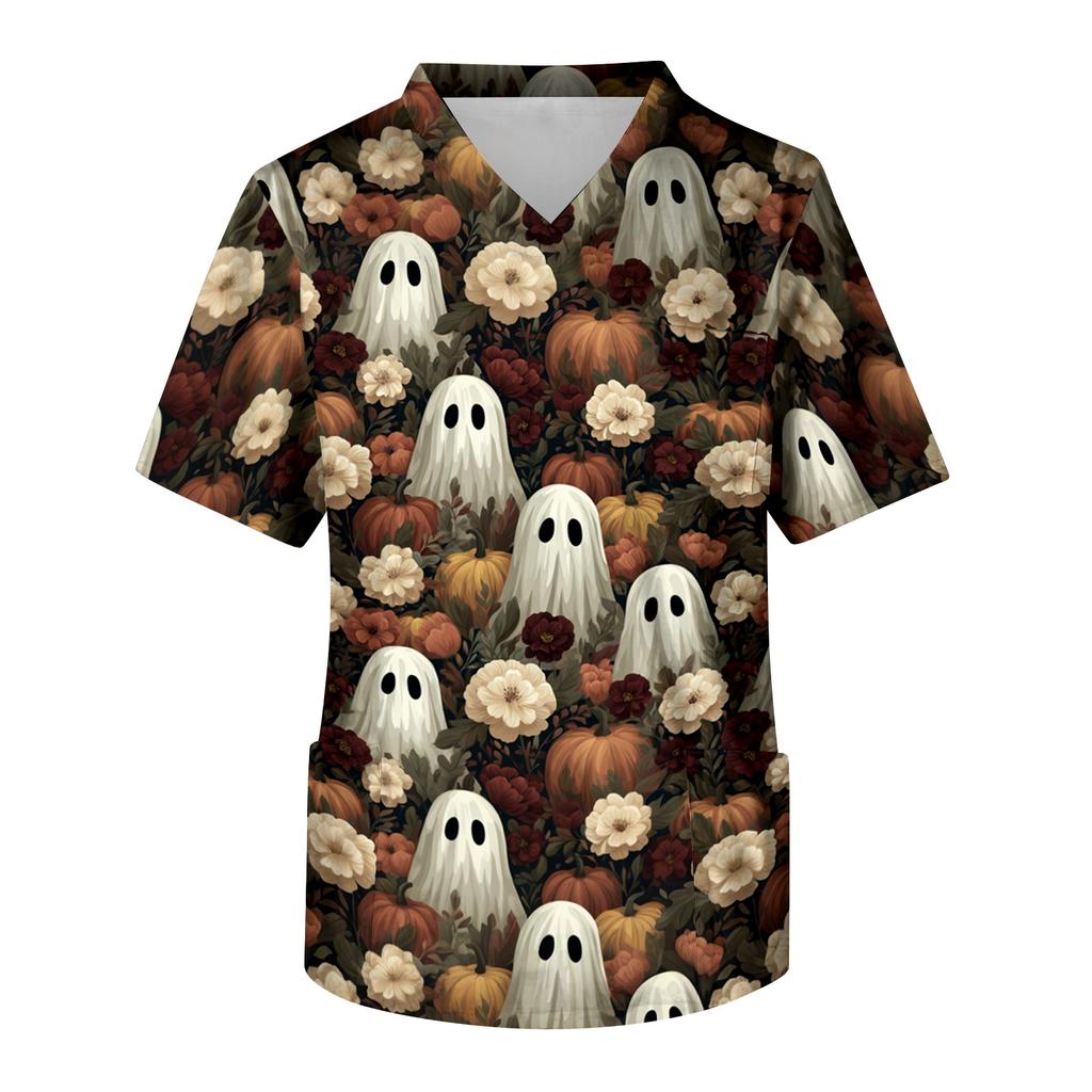 Men's Short Sleeve V-Neck Halloween Print Scrub Top with Chest Pocket for Work Uniform