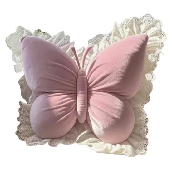 Butterfly Throw Pillow Plush Butterfly Pillow with Lace Ruffle Decorative Bedroom Cushion for Living Room Sofa Couch Bed Car