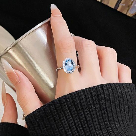 Blue Rhinestone Ring for Women Adjustable Silver Opening Ring Cubic Zirconia Jewelry Accessory for Wedding Engagement