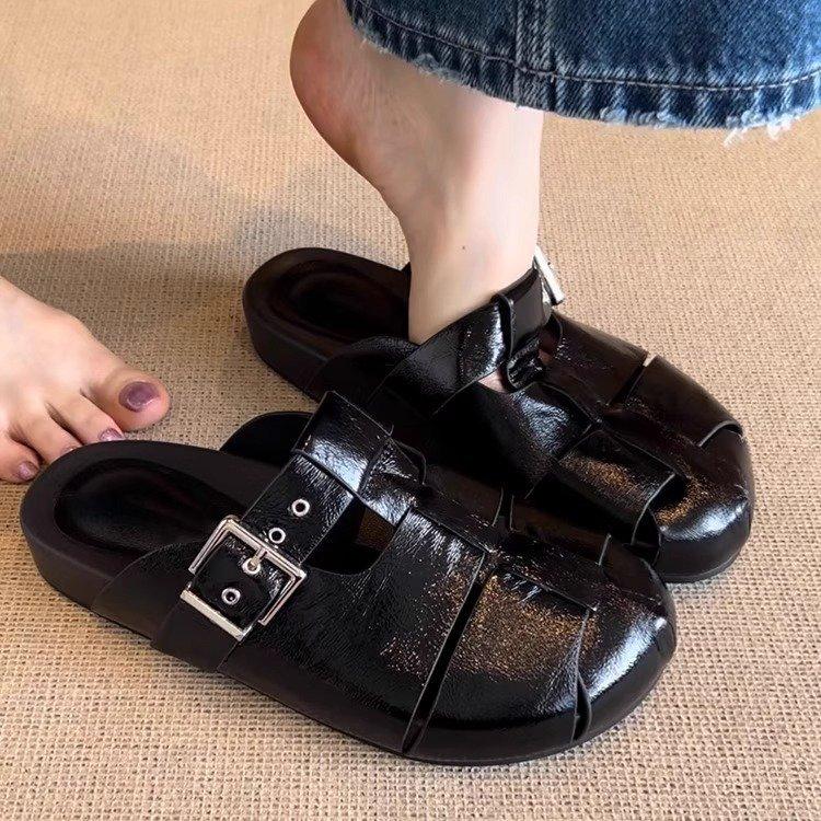 

Soft leather version~ Korean version of fashionable thick-soled heightening bag head half slippers women s retro hollow belt buckle one-word Boke 35