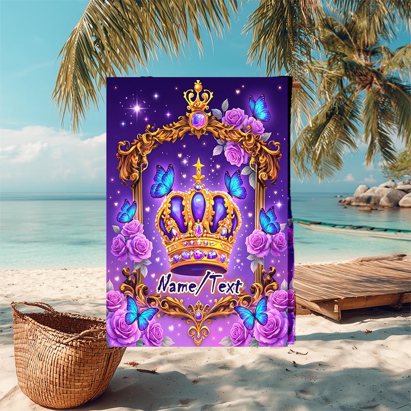 1PC Custom Name Royal Crown Butterflies Frame Beach Towel Highly Absorbent And Sand-Resistant Towel for Swimming, Pool, Yoga, And Travel Lightweight
