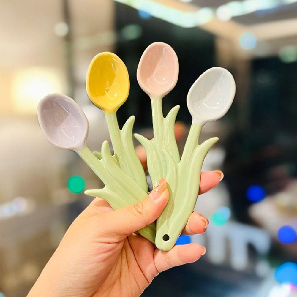 

4pcs Porcelain Tulip Ceramic Spoon Hand Painted Stirring Tool Kitchen