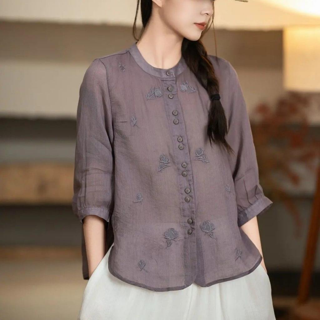 Retro Stand-up Collar Embroidered Shirt Women's Summer New Foreign Loose Fashion Five-quarter Sleeve Shirt