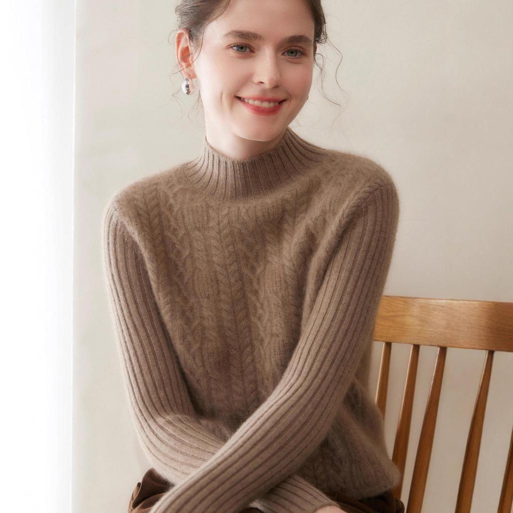 Women's Cable Knit Cashmere Pullover - Thick Half-High Neck Solid Color Sweater for Autumn/Winter