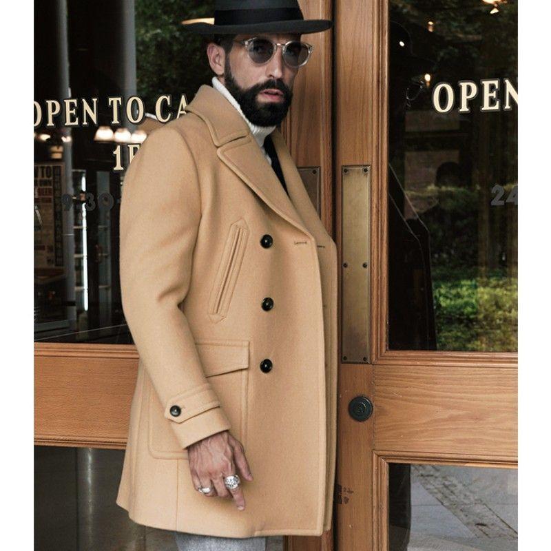 

Men s Double-Breasted Camel Overcoat with Wide-Brim Beige Hat, Vintage Winter Wool Coat XXXL хакі