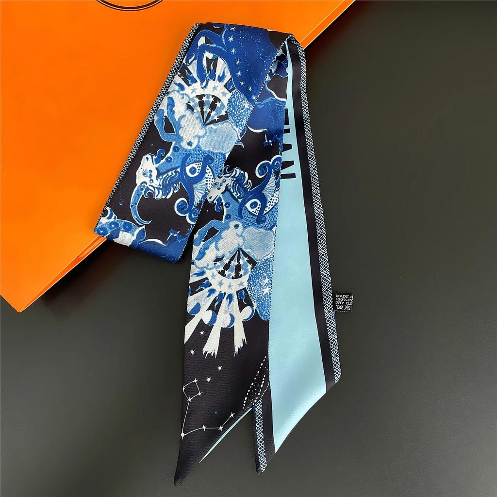 Französischer Frühlings-Hot-Sale: Damen-Twill-Tasche mit scharfem Hornriemen, Pflanzen- und Dschungeltiermotiven, Seidenband, Haarband und kleinem Schal mit Punktmuster