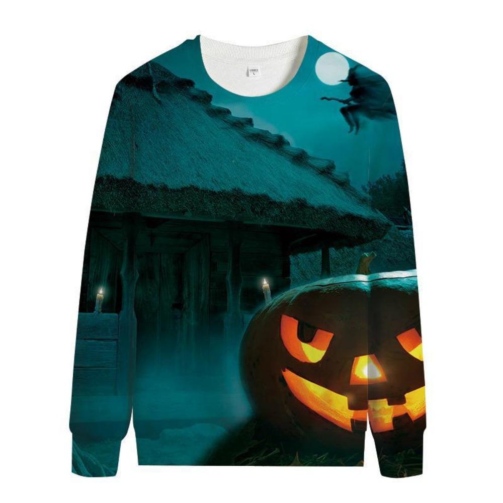 Women's Fashion Hoody Halloween Pumpkin Lamp Print Ghost Bat Sweatshirts Long Sleeved O Neck Hoodies Female Tops