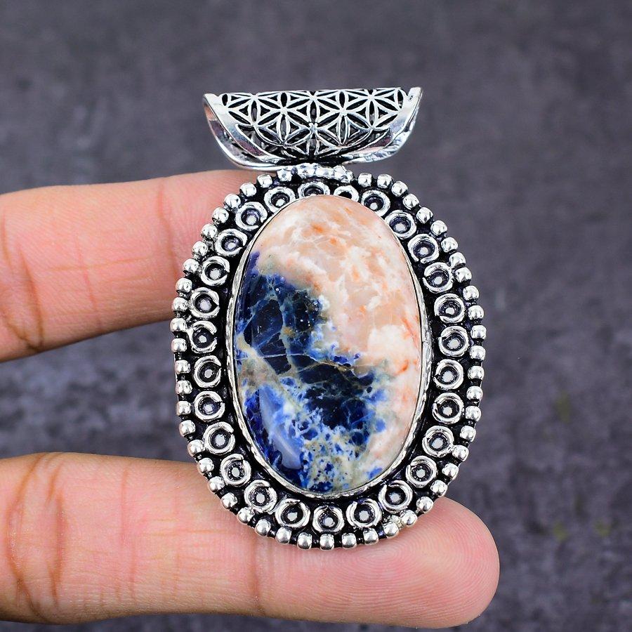 Natural Sodalite Gemstone Handmade 925 Sterling Silver Gift Pendant 2.56" C9E64