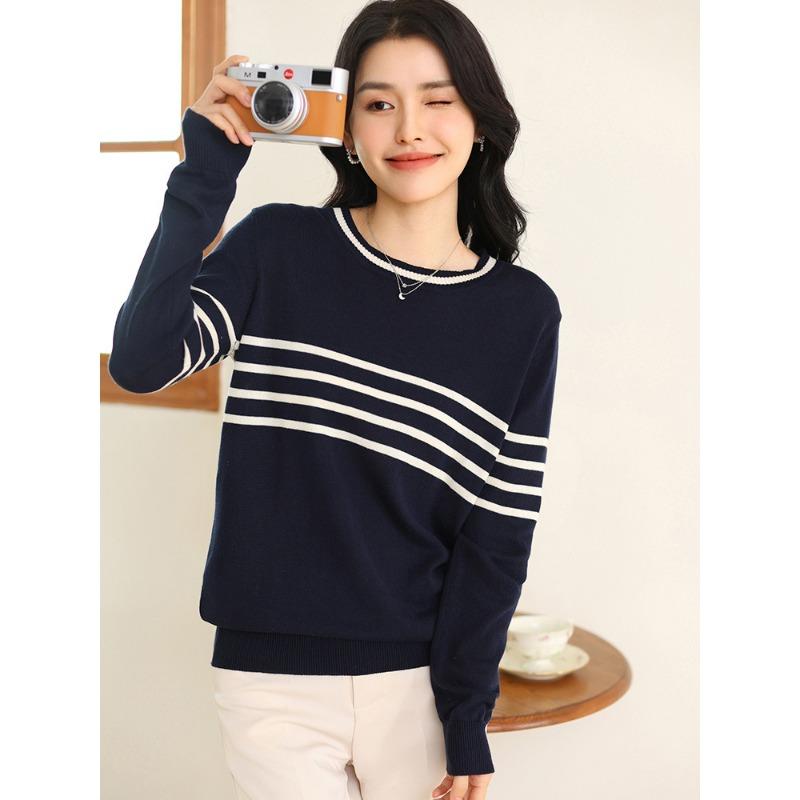 New Spring and Summer Pure Cotton Round Neck Long Sleeve Four-stripe Women's Simple Loose Casual Base Knit Sweater with Long Sleeves