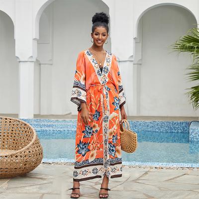 2023 Bikini Cover-ups Rosa Boho Print Selbst Gürtelte Offene Vorderseite Langes Kimono Kleid Strand Tunika Frauen Badeanzug Cover Up Q996