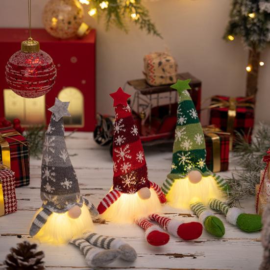 Polyester Stuffed Gnome Collectibles Lighted Christmas Doll, Knitted Figurine with LED Light, Creative Hanging Legs Sitting Ornaments Luminous Desktop
