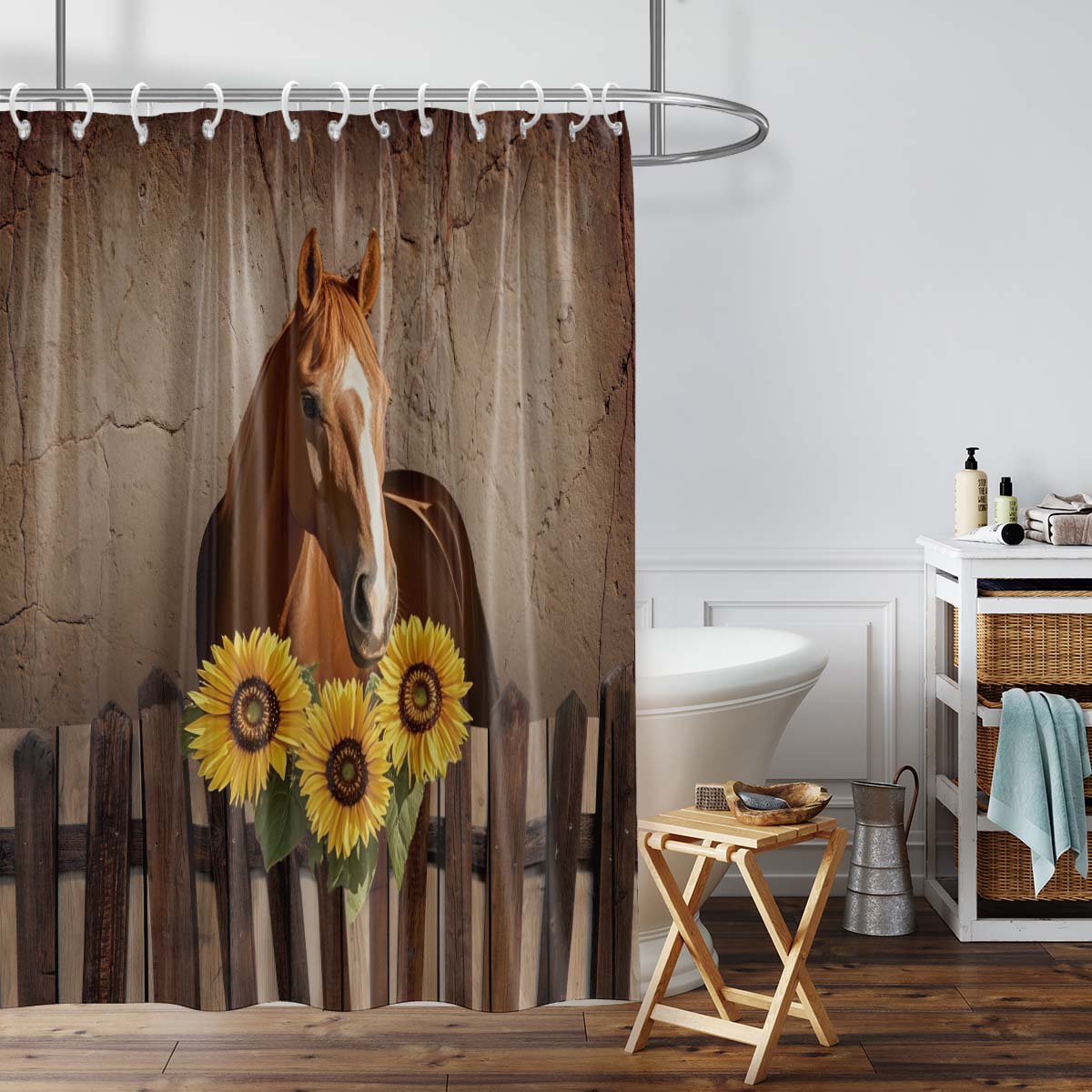 

1 шт. шторка для душа с принтом в виде фермерской лошади, стиль сельской жизни, водонепроницаемая, с 12 крючками, для душа в ванной, для ванны, для домашнего использования 180x180cm