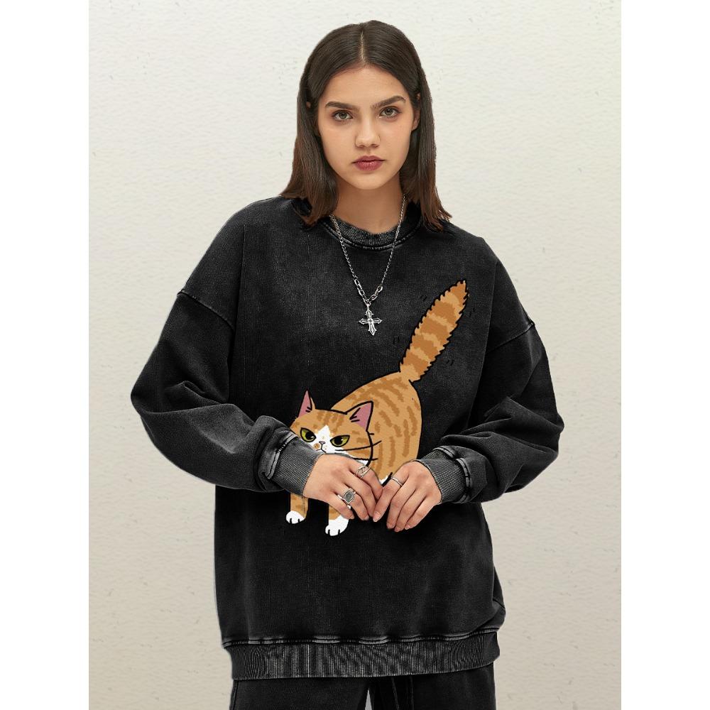 Cartoon Cat In Defense Mode Design Women Washed Sportswear Cotton Oversize Pullover Crewneck Woman Sweatshirt Autumn Tops