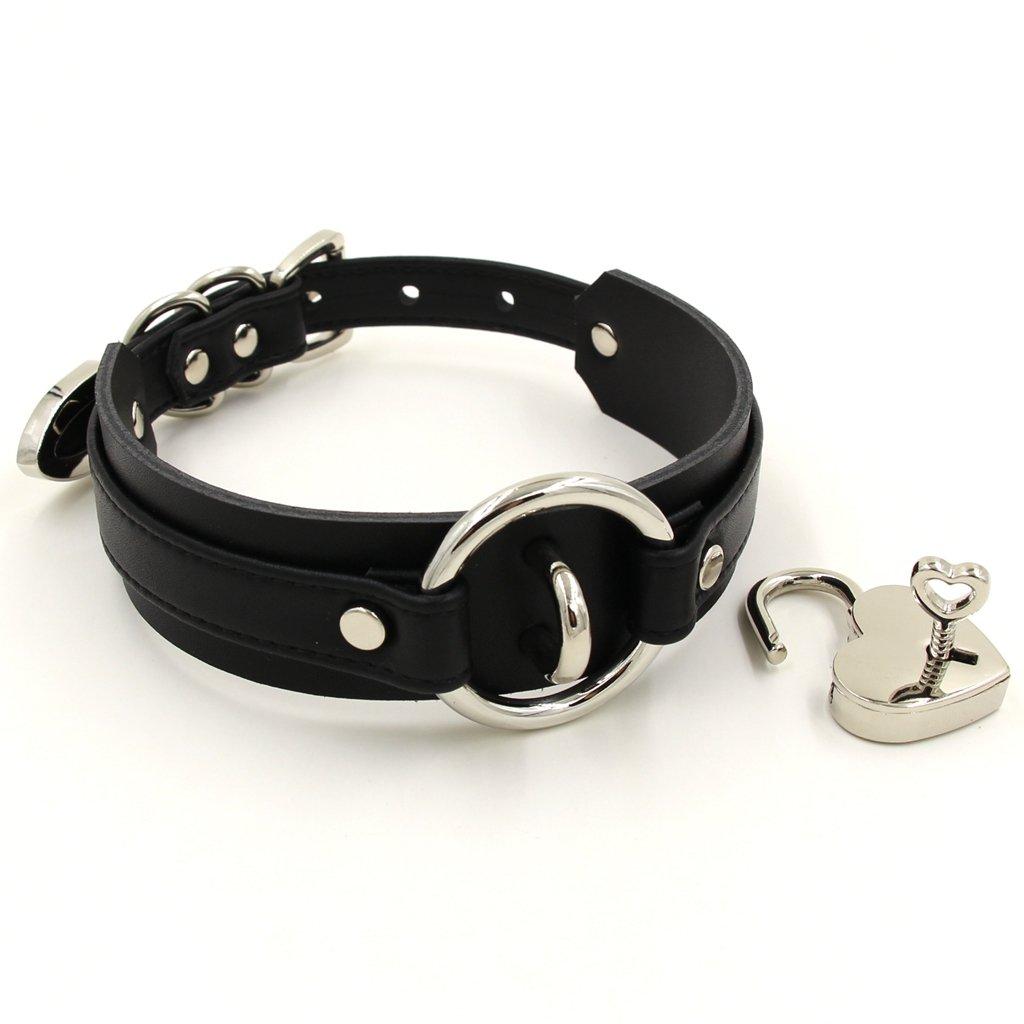 Choker Heart Collar Padlock Ring PU Leather Black (Black & Silver)