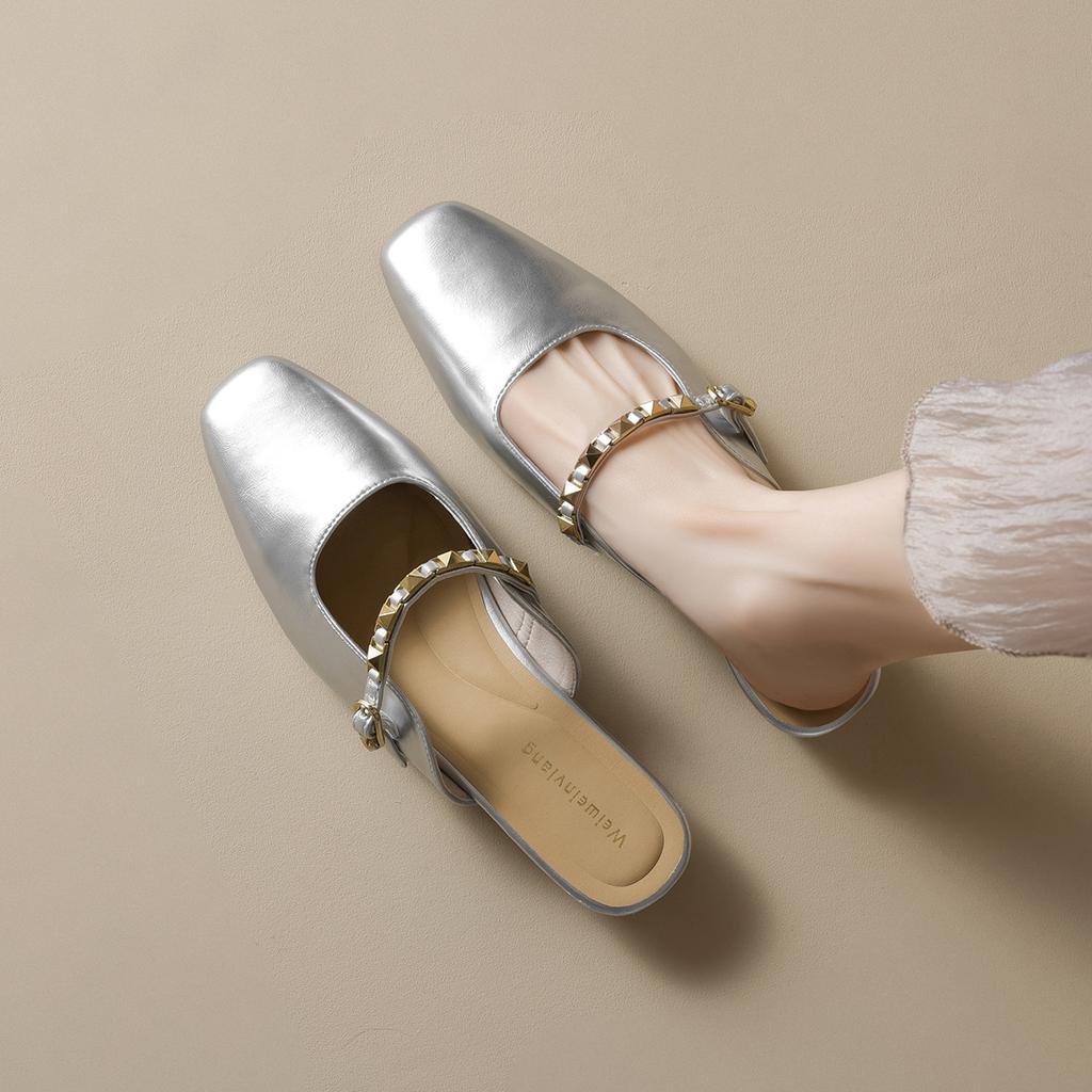 Weiwei Girl 6579-2 Bag Head Half Slippers Women's Outer Wear One Word with Rivets French Thick Heel Cool Slippers Summer