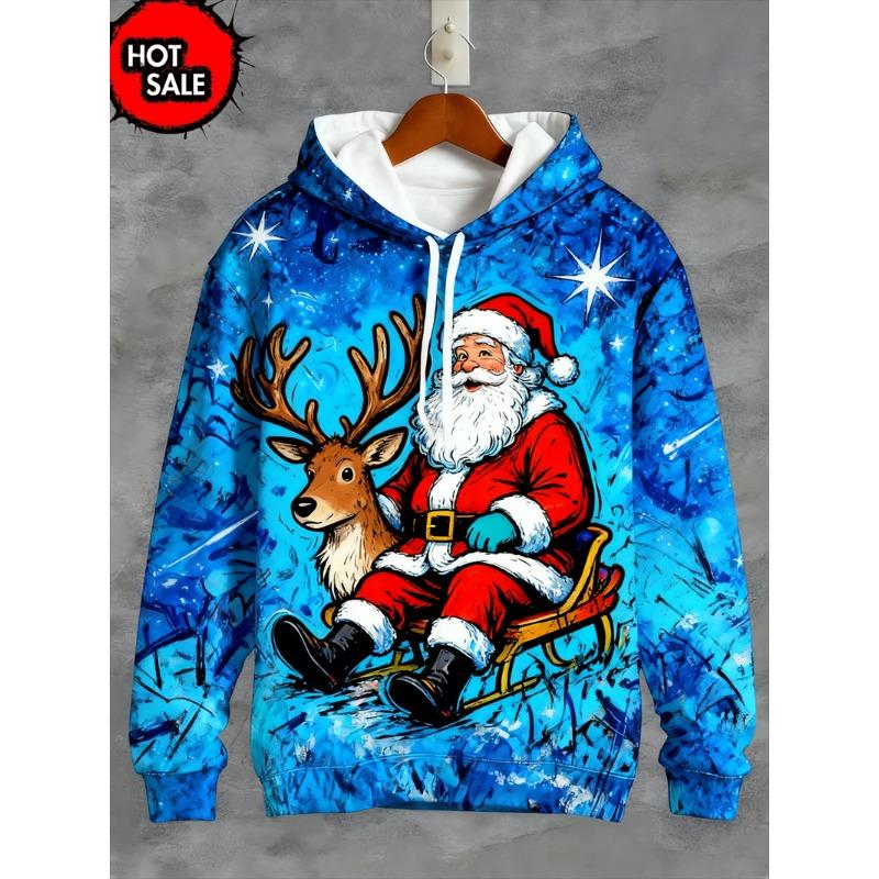 Holiday Men's Christmas Hoodie, Santa Claus and Reindeer Prints - Comfortable Long-sleeved Casual Pullover