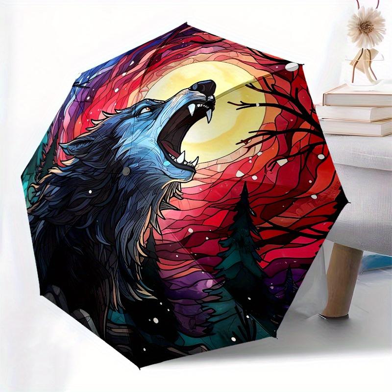 Stained Wolf Howling at Moon Wall ArtUmbrella, Portable 3-Fold Compact Umbrella for Men & Women Gift