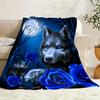 Mystic Wolf and Blue Rose Moonlight Print Throw Blanket Cozy Plush Decorative Bed Cover Boho Fantasy Aesthetic Gift for Bedroom