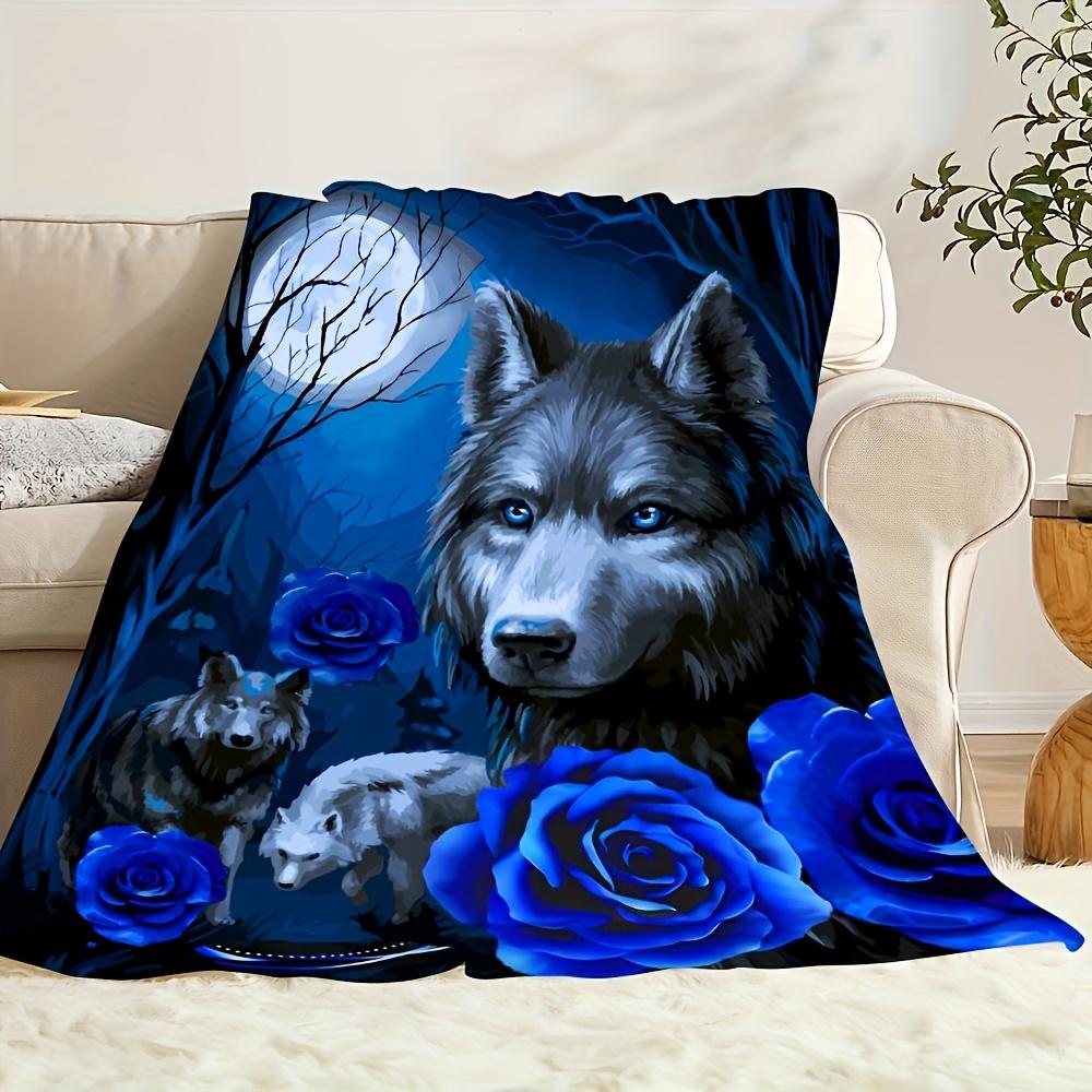 Mystic Wolf and Blue Rose Moonlight Print Throw Blanket Cozy Plush Decorative Bed Cover Boho Fantasy Aesthetic Gift for Bedroom