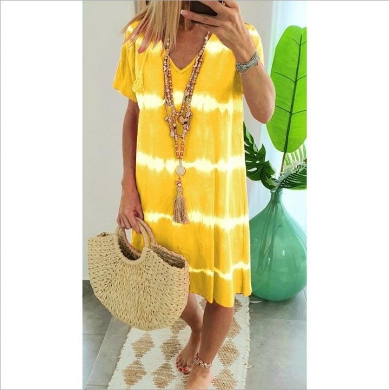 Short Sleeve Beach Tie Dye Printed Pullover Dress Women Summer V Neck Dress Loose Casual Pullover Midi Dress