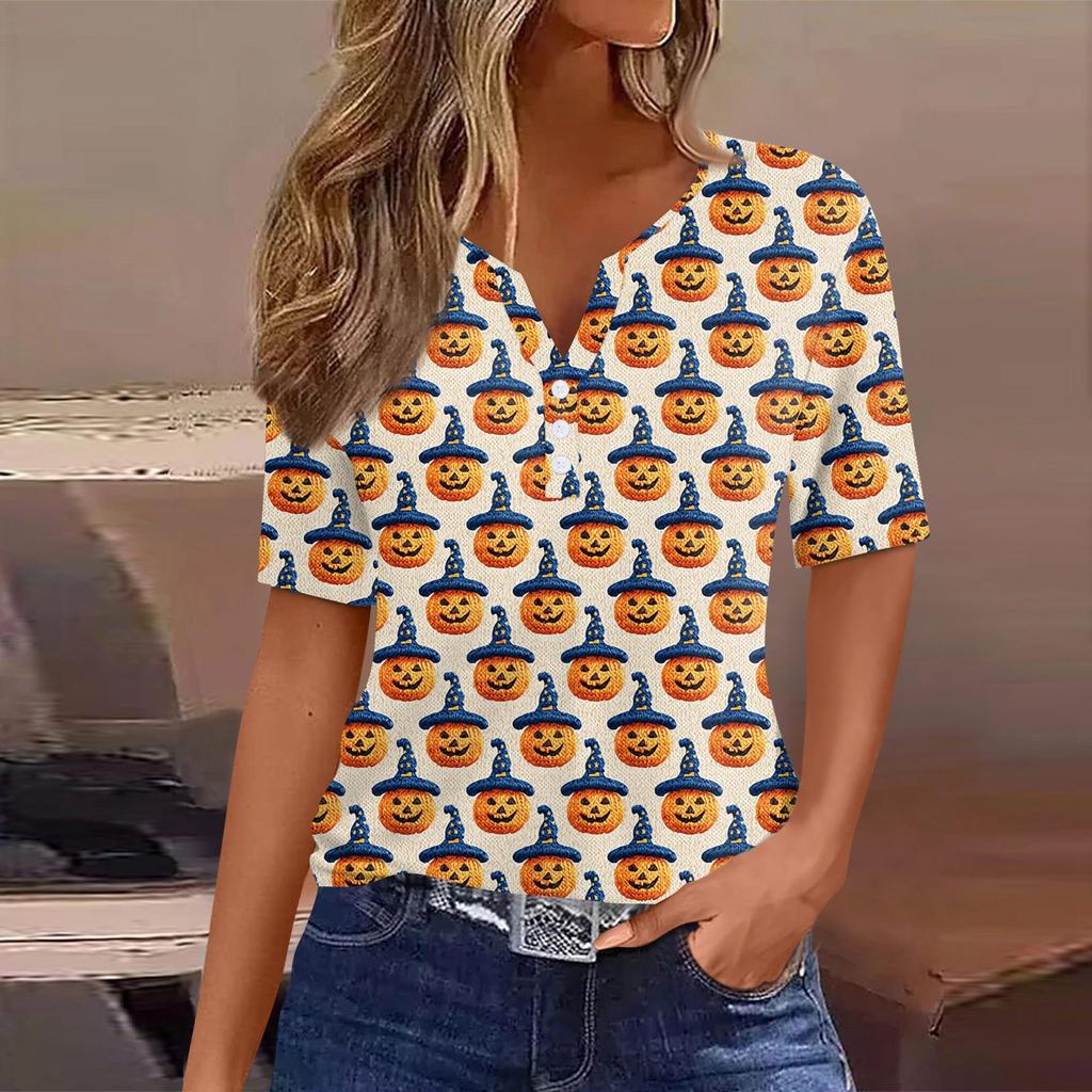Women's T Shirt Halloween Print Button Short Sleeve Daily Weekend Fashion Basic V- Neck Regular Top