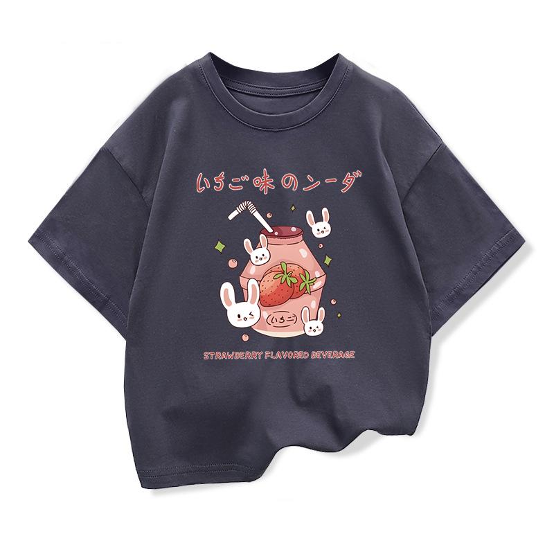 2026 Summer Children's Clothing Girls' Strawberry-Flavored Drink Casual T-Shirt Children's Short-Sleeve Printed Top