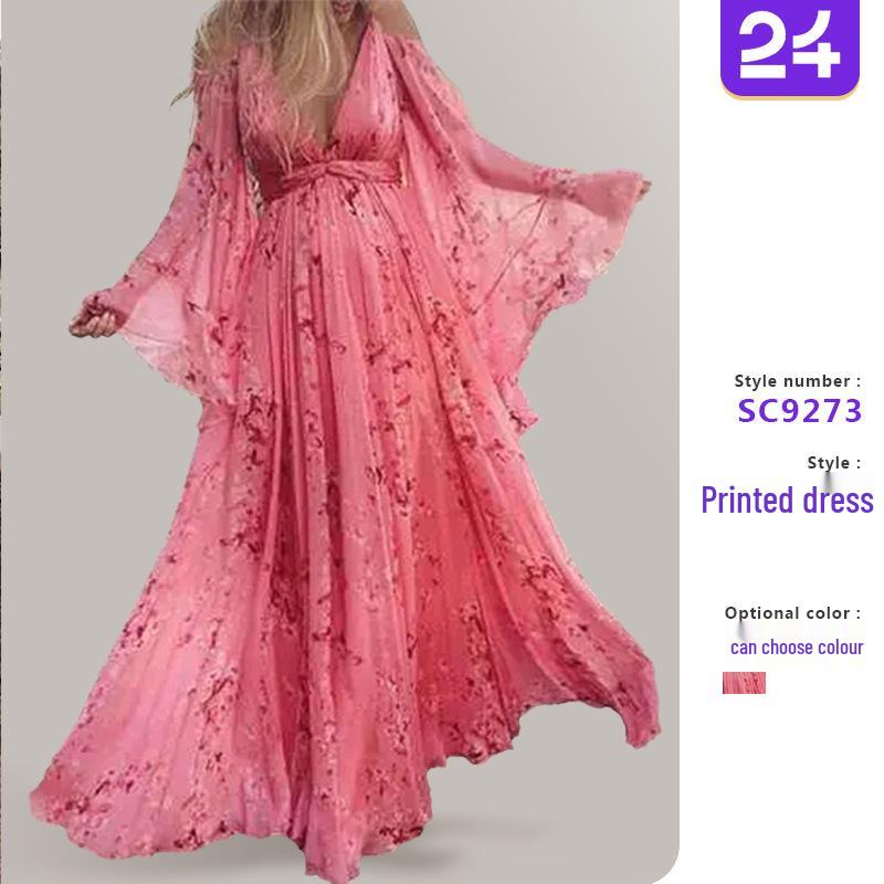 2025 Tief ausgeschnittenes plissiertes Fledermausärmel-Bodenlanges bedrucktes Umstandskleid mit Ober- und Unterfutter