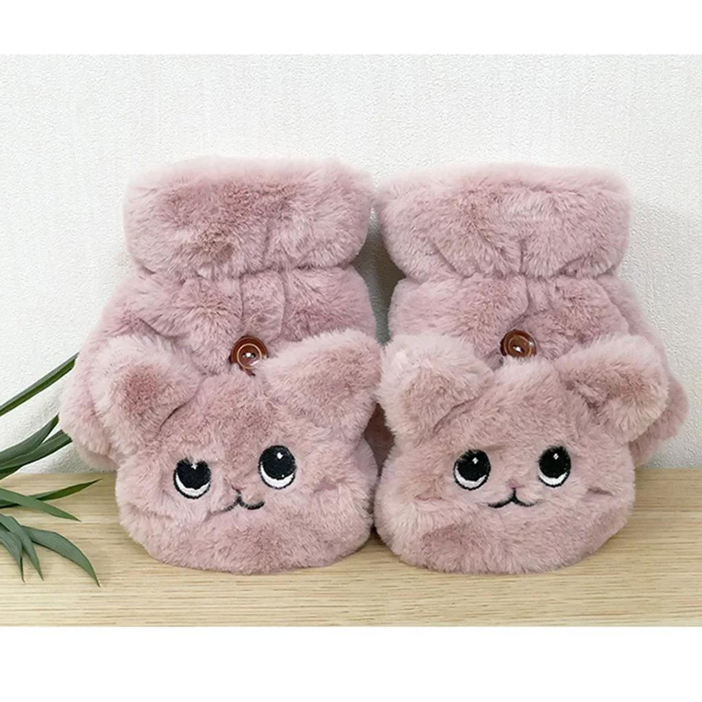 Women Plush Warm Glove Fur Lovely Rabbit Cat Mittens Flip Fingerless Gloves Soft Girls Thick Gloves Flexible Half Finger Winter