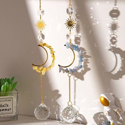 Crystal Wall Hanging Crystal Suncatcher Raw Stone Colourful Moon Prism Pendant Shape of the Moon Sunlight Catcher Garden