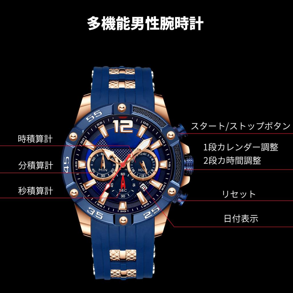 RORIOS Męski Stylowy Chronograf Z Kalendarzem i Wyświetlaczem Daty, Luminescencyjny Wyświetlacz, Wodoodporny, Analogowy Mechanizm Kwarcowy z Wieloma Wskazówkami, Popularny dla