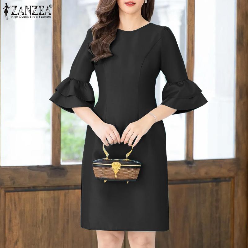 ZANZEA Damen Freizeit O-Ausschnitt Sommer Rüschen Halber Ärmel Etuikleid