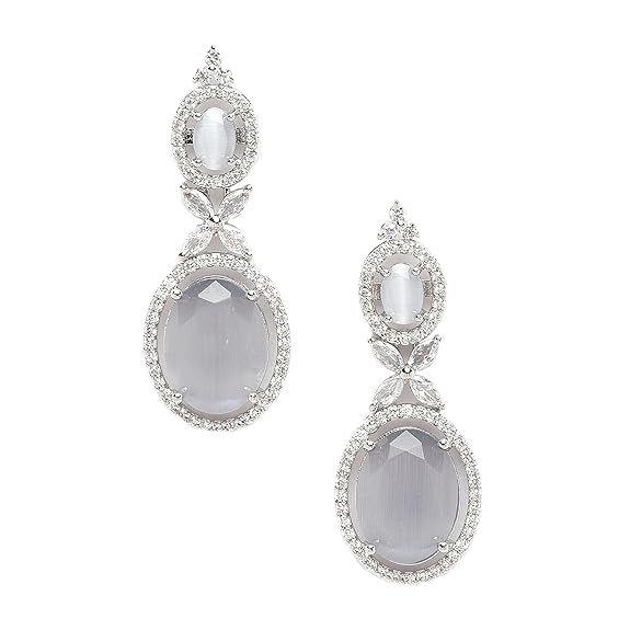 Silver-Plated American Diamond studded Oval Shaped Drop Earrings Jewellery For Girls and Women