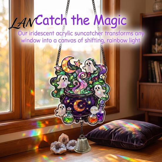 Pumpkin Party Decor Halloween Acrylic Hanging Decoration, Cartoon Ghost Ornament with Bell Bell, Suncatcher for Indoor Outdoor Holiday Ornaments