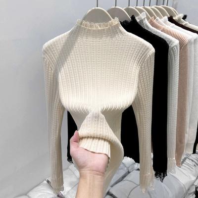 Spring Lace Splicing Semi-turtleneck Knitted Sweater Women's Design Sense Slim Fit Bottoming Shirt Sweet Wind Sweater