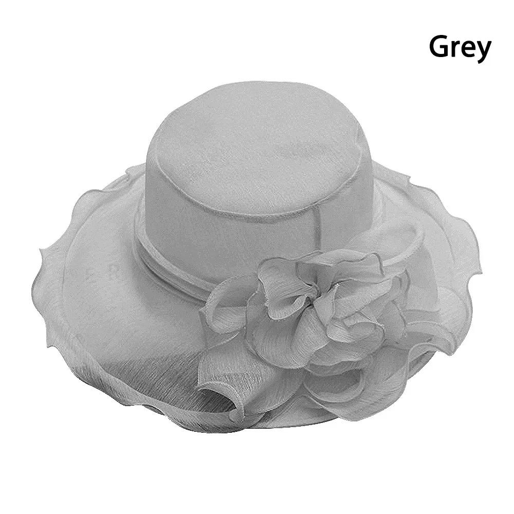 

Elegant Church Kentucky-Derby Fascinators Ruffle Detail UV Protection Sun Hat Organza Flower Foldable Mesh Bucket Hat Womens сірий
