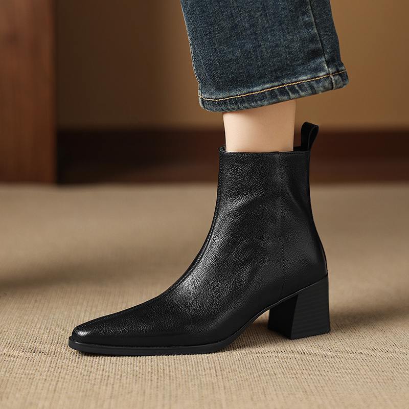 Krazing Pot Zimní kožené kozačky na středním podpatku se špičatou špičkou Chelsea pro ženy, elegantní dámské kotníkové boty na zip