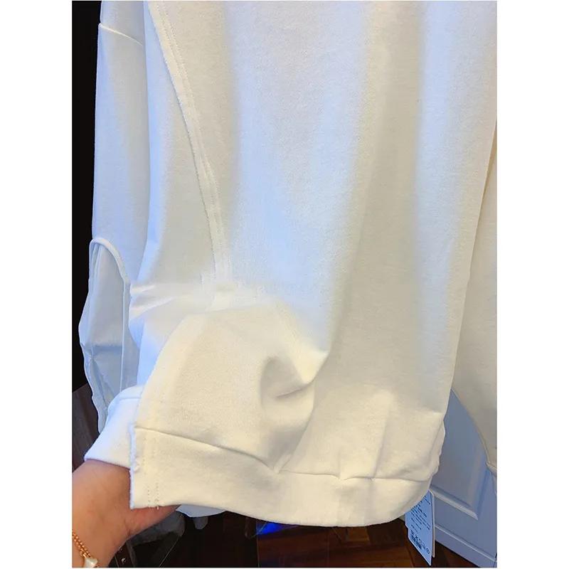 Women Spring and Autumn Design Thin Splicing Sweatshirt Vintage Solid Color Round Neck Top