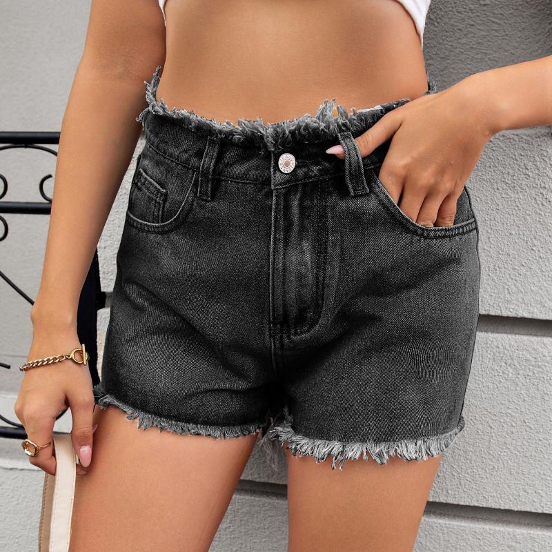 2026 Summer New Women's Casual Trendy Frayed Edge Solid Color Denim Shorts
