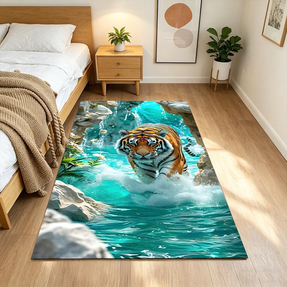 Tiger In Waterfall Realm Non-Slip Home Carpet Design for Office Decor Living Room Gift