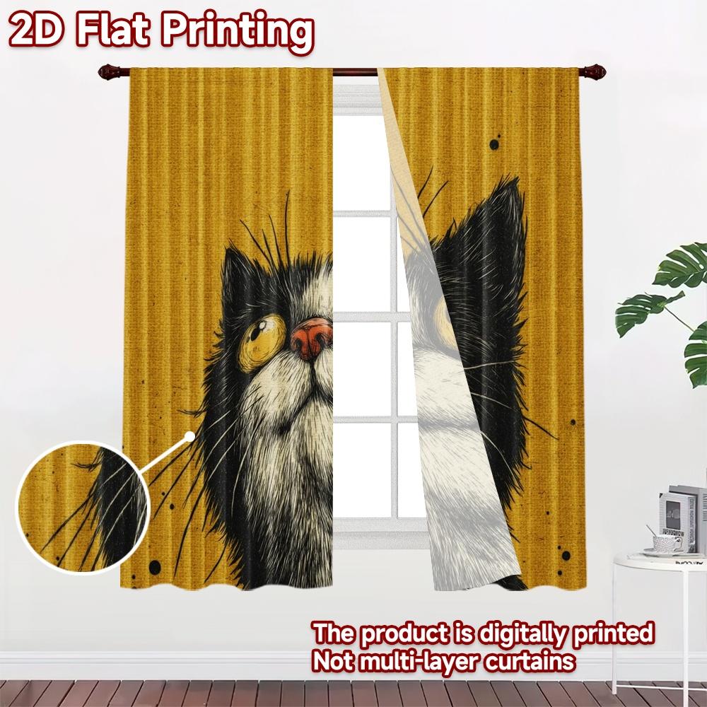 2D flat printing 2pcs Curtain Drapes Curious Black & White Cat Digital Printed Polyester Drapes All Season Party & Holiday Decor
