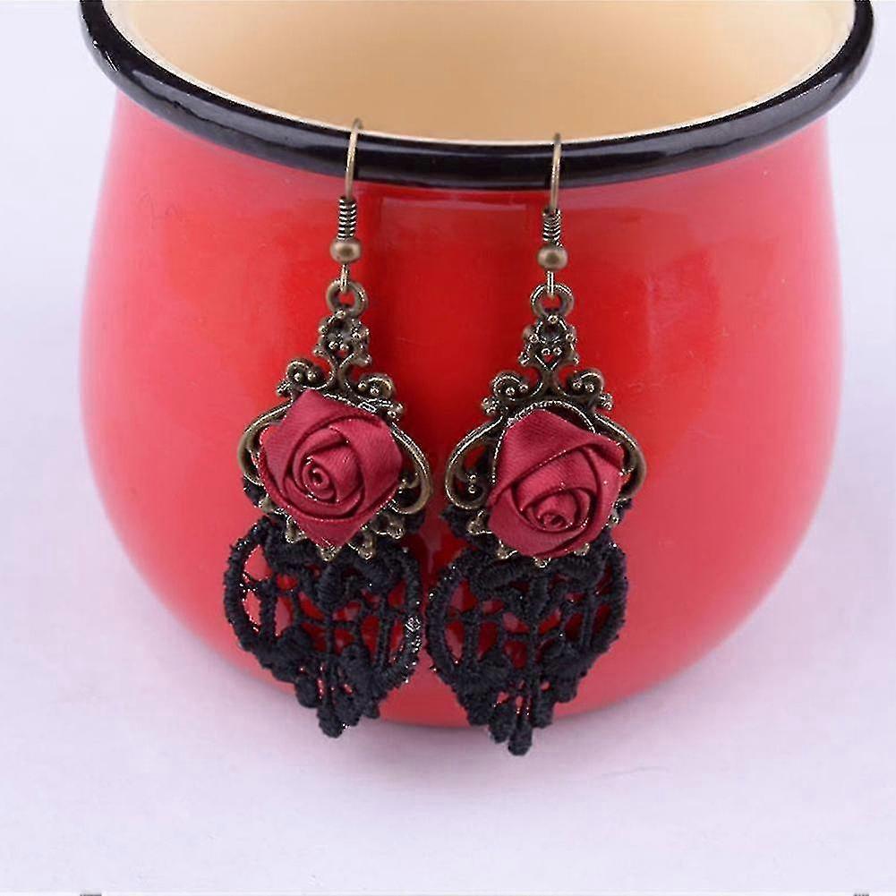 Halloween Vintage Gothic Vampire Red Rose Flower Lace Drop Dangle Hook Earrings