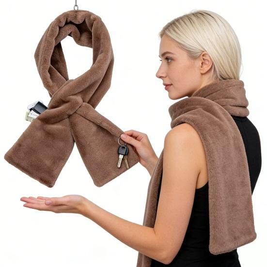 Cachecol com Zíper Invisível Cor Sólida Macio Confortável Quente Unissex Cachecol de Inverno Bolsos para Carteiras Celulares Cachecol de Passar com Pelo Sintético