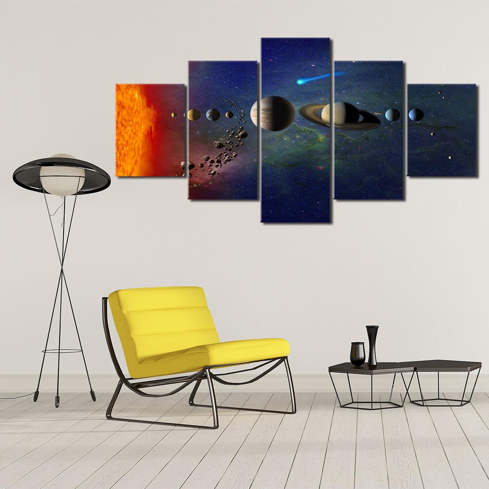 5 Panel Space Space Moon Poster Silk Cloth Earth Canvas Painting Wall Art Planet Satellite Solar System Living Room Decoration