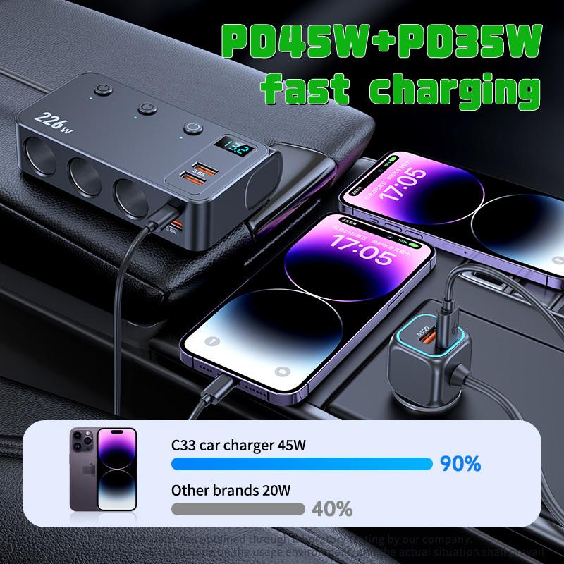 226W Car Charger Fast Charging Cigarette Lighter Split Adapter PD QC3.0 USB Voltage Display Front Rear Charge 12V 24V Truck SUV