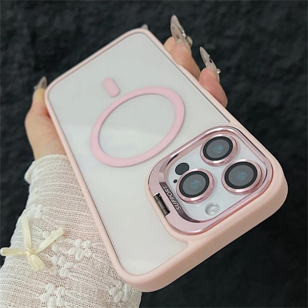 iPhone 16 15 14 13 12 11 Pro Max 16 Plus İçin Magsafe Standlı Manyetik Darbeye Dayanıklı Lüks Telefon Kılıfı Cam Lens Koruyucu Kapak