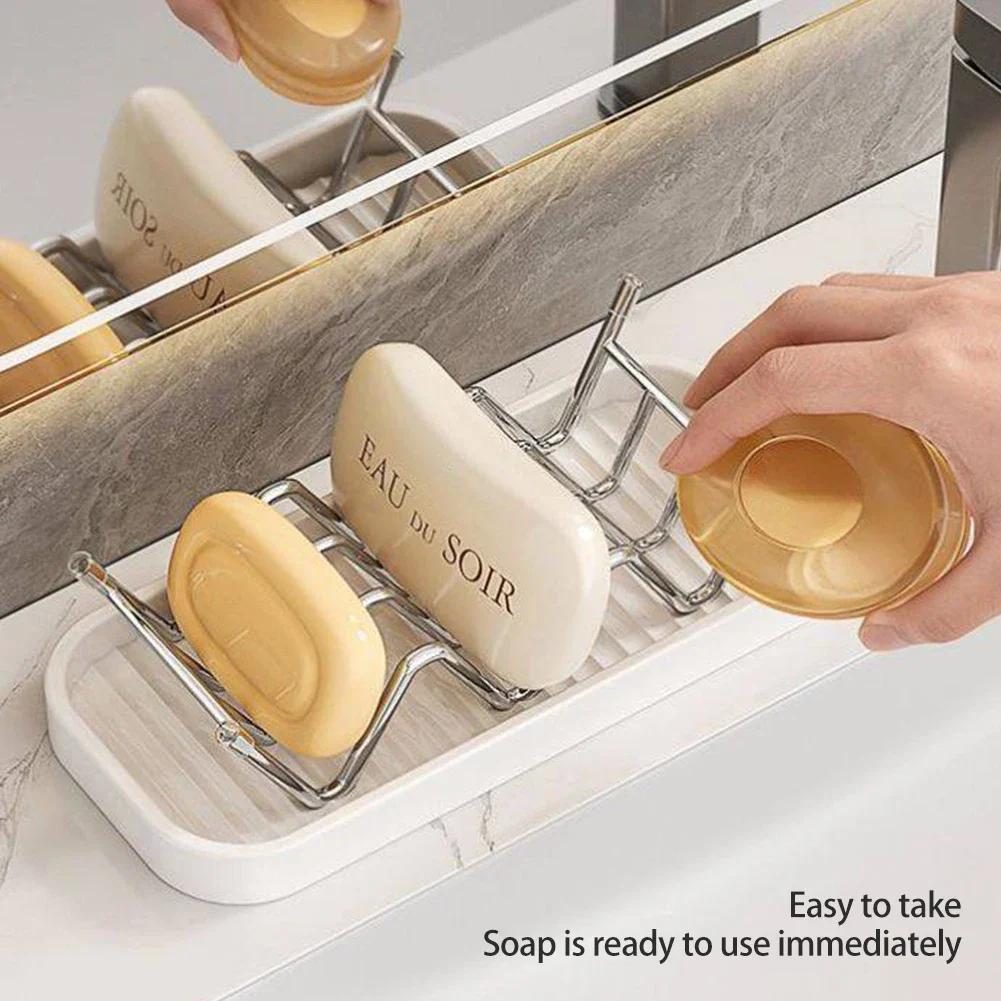 Bathroom Countertop Soap Holder Stainless Steel Soap & Kitchen Sponge Draining Storage Rack Easy To Clean Organizer