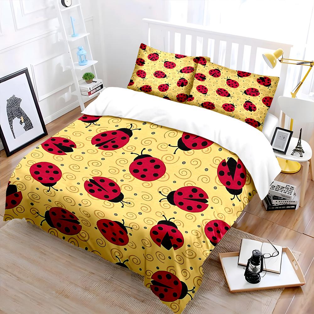 Cartoon Ladybug Pattern Bedding Set for Kids Luxury Gift 3pcs Digital Print Comforter Set Soft Comfortable Breathable