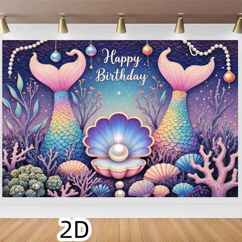 2D Underwater Ocean Mermaid Backdrop, Purple & Pink Birthday Decoration Background